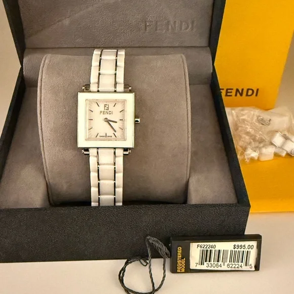 Fendi Square Ceramic White Watch, Stainless Steel Authentic Preloved